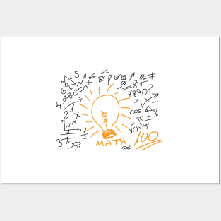 Hand drawn maths symbol and elements around orange bulb Posters and Art